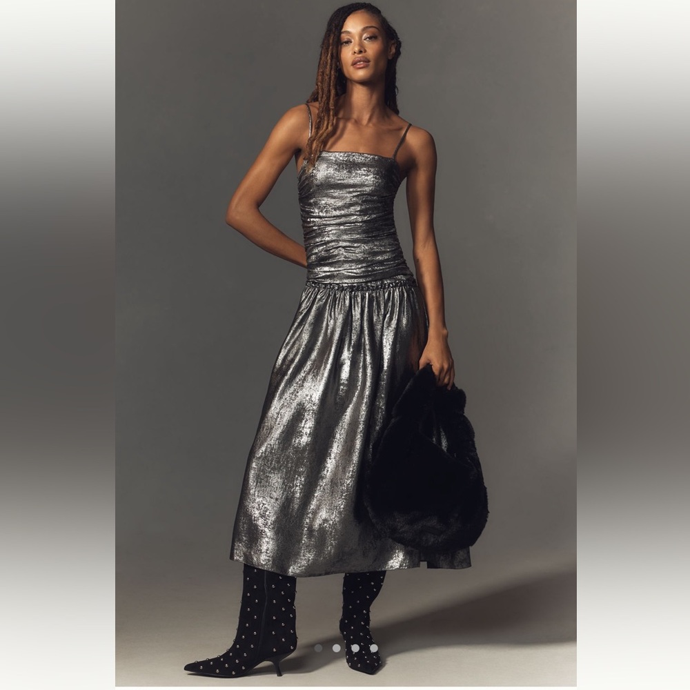 La Maise Studio ruched drop waist foil midi Dress